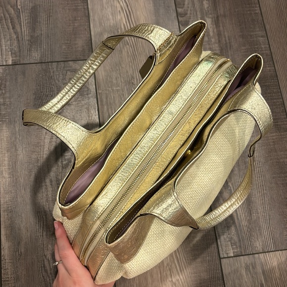 Coach Ivory Straw Embossed Embroidery Butterfly Gold Leather Trim Shoulder Bag - Picture 11 of 17